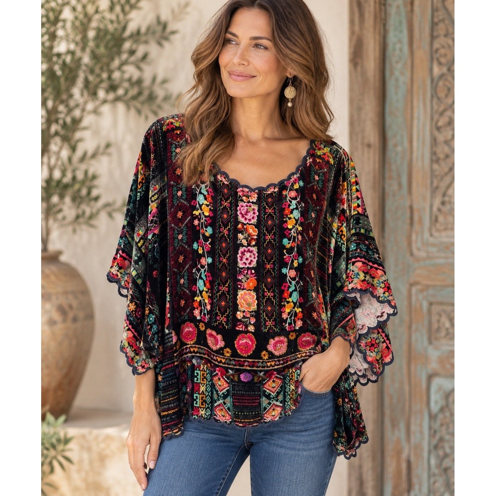 Johnny Was Size XL Velvet Jolie Cropped Top Boxy Scallop Edge Kimono Sleeve